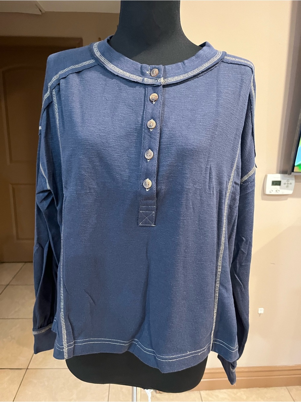 Blu Pepper Navy Long Sleeve Henley with Contrast Stitching